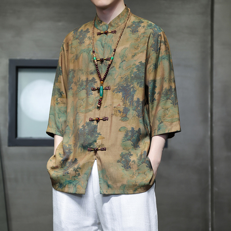 2024夏风男装冰丝印花唐装汉服短袖五分袖衬衫C229-Y1005-P68,男装衬衫,电商C229-1
