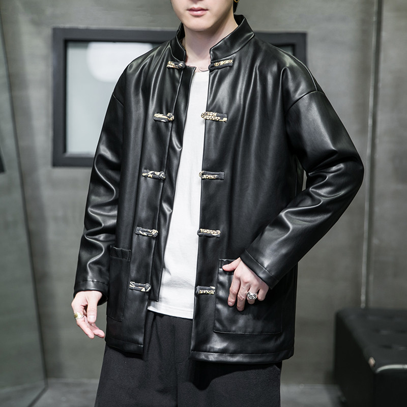 2022风男装pu皮夹克盘扣复古唐装汉服夹克外套C229/Y710/P105图片