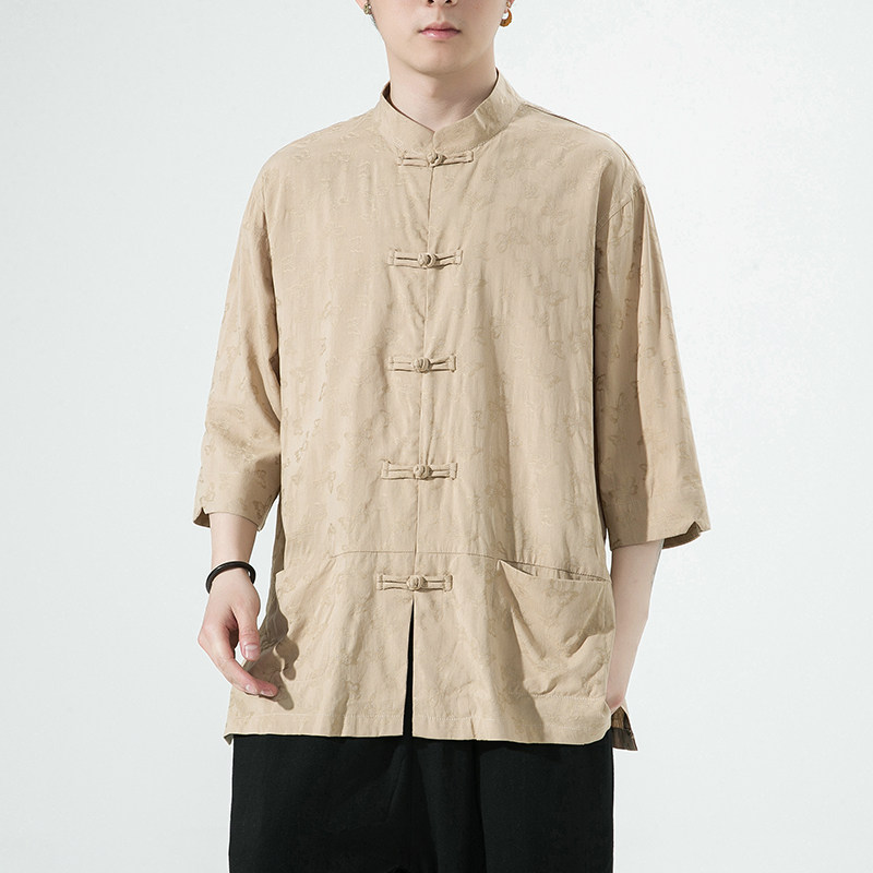 2024夏风男装唐装汉服短袖五分袖衬衫衬衣白底C229/Y973/P65图片