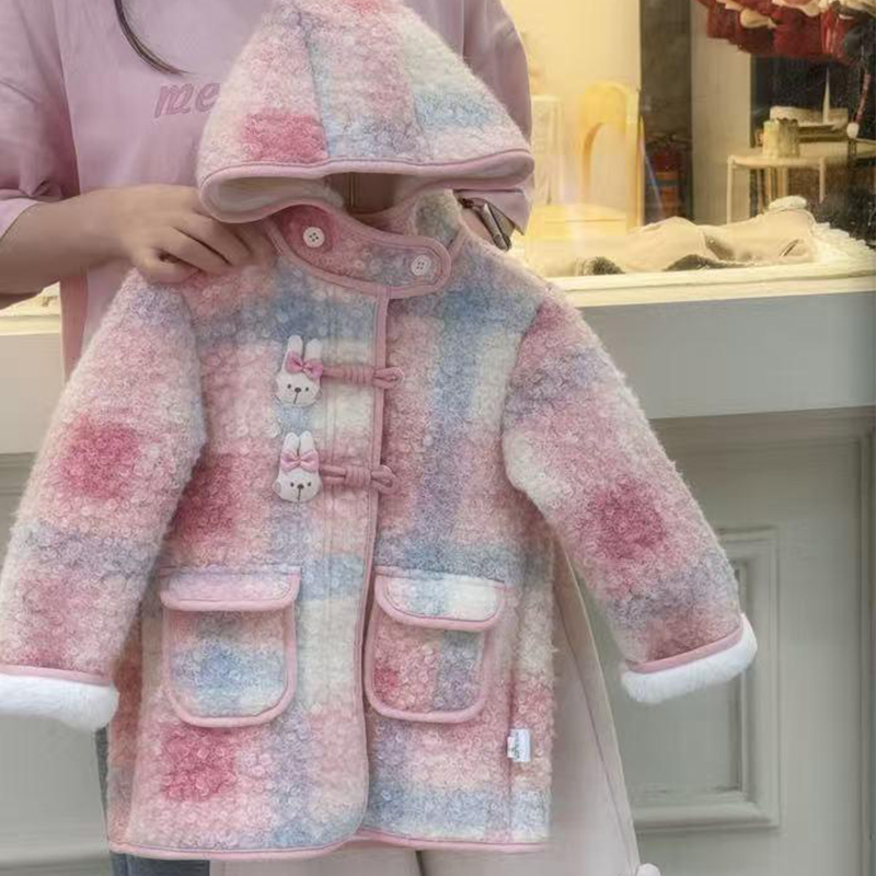 女童彩色格子毛呢大衣25年冬季小童兔子甜美中长款加绒羊圈呢外套