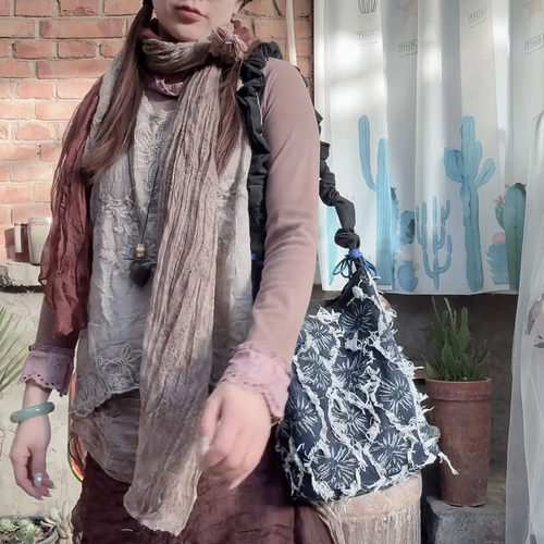 复古民族风帆布牛仔流苏水桶包