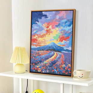 治愈系田野彩虹风景数字diy数字油画丙烯填充涂色解压家居装 饰画