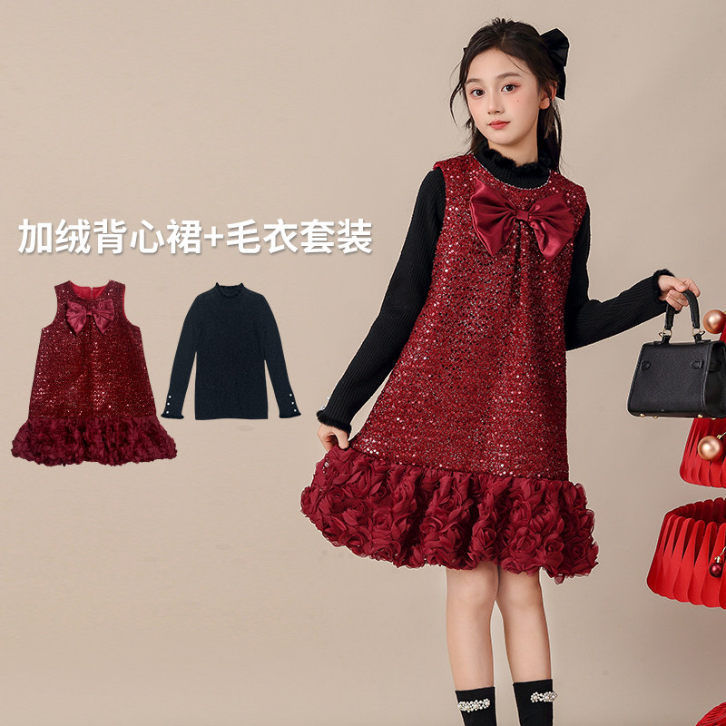 韩优女童红色加绒高级礼服裙秋冬