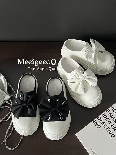 MEEIGEEC.Q真皮厚底增高蝴蝶结包头拖鞋女2026新款百搭透气小白鞋