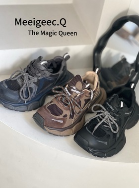 MEEIGEEC.Q真皮复古厚底老爹鞋女2025新款百搭时髦运动网面休闲鞋