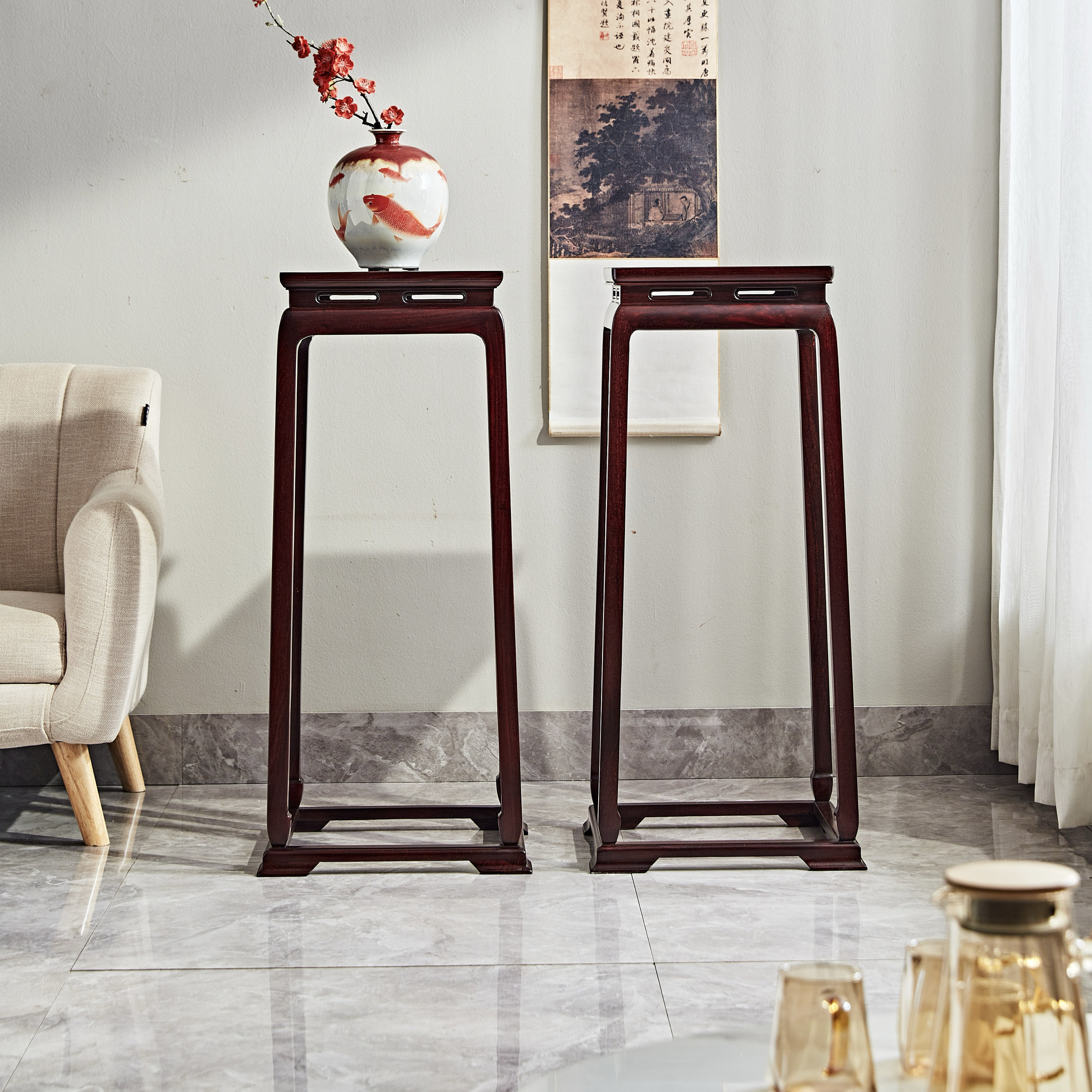 赞比亚血檀红木花架紫檀实木花几落地中式古典客厅家居花卉盆景架