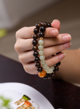 天然沉香手串女款半山半水双圈手链 盘玩中国风古法文玩手工佛珠