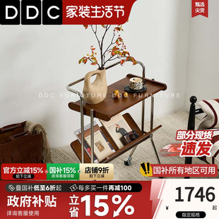 DDC原木风实木贴皮移动边几小户型客厅家用小巴士推车储物床边柜