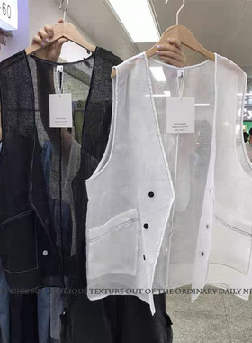 夏季新款时尚撞色明线宽松显瘦欧根纱马甲外搭女洋气薄纱马夹开衫