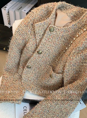 2025秋季新款法式小众撞色气质显瘦圆领长袖短款小香风外套女外搭