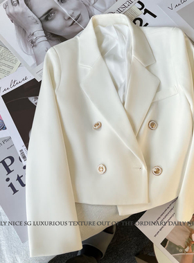 新款小香风双排扣纯色百搭显瘦短款长袖小西装外套女气质西服外搭