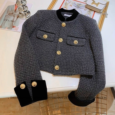2025秋季新款法式小香风设计感名媛气质丝绒拼接短款显瘦小外套女