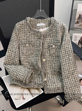 2025新款春秋百搭气质显瘦长袖粗纺编织小香风外套女洋气外搭上衣