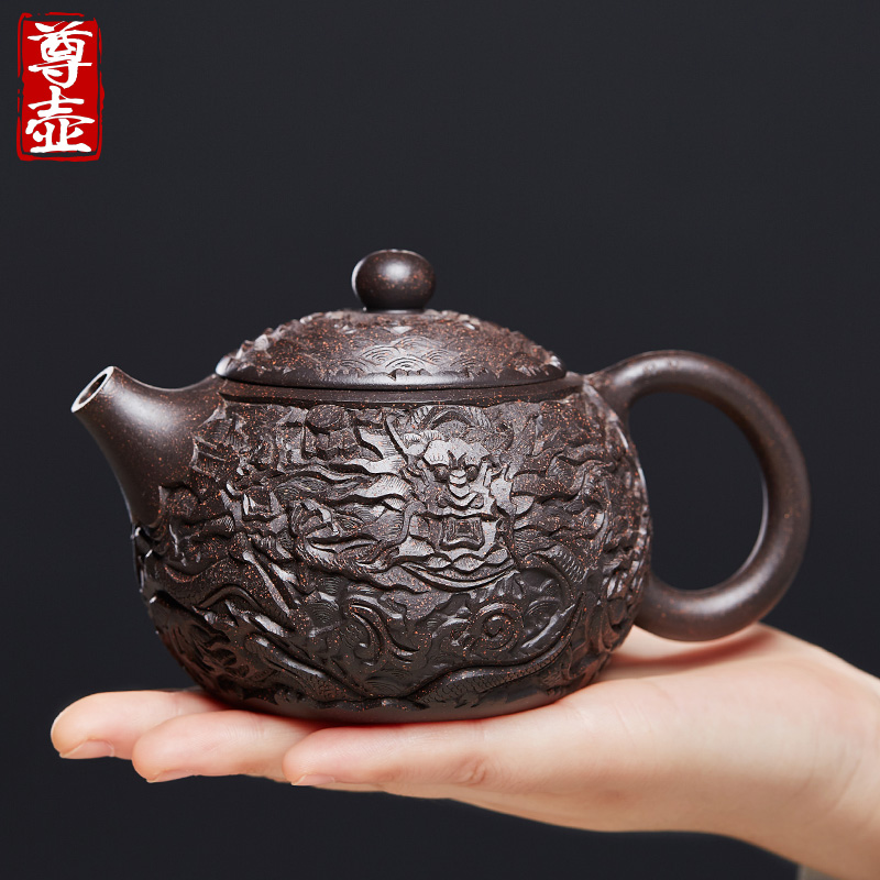 尊壶宜兴黑金砂浮雕西施紫砂壶