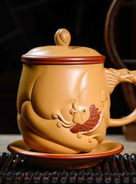 宜兴手工紫砂杯全纯段泥鱼化龙茶杯家用带盖男女士办公茶具水杯子