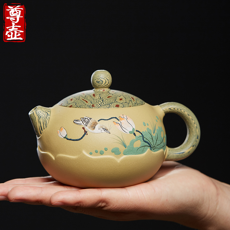 尊壶宜兴泥绘莲花西施紫砂壶