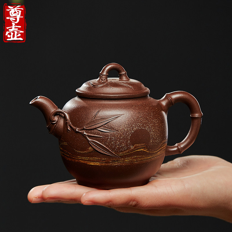 尊壶宜兴彩绘晨竹紫砂壶纯全手工原矿紫泥泡茶壶单壶陶瓷功夫茶具
