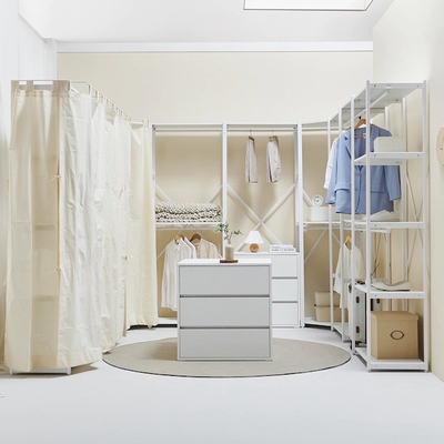 开放式衣帽间步入式衣柜铁艺实木挂衣架带门帘转角服装收纳抽屉柜