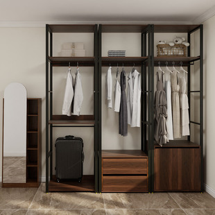 到顶金属衣柜铁艺实木开放式衣柜工业风带抽屉挂衣架洞洞板发香港