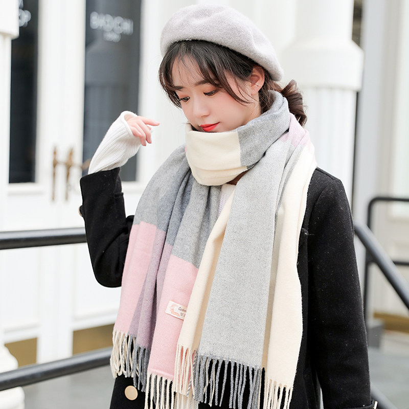 秋冬季新款韩国仿羊绒韩版格子围巾保暖加厚长款百搭披肩女士两用