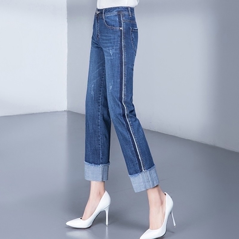 阿玛施2020春新款侧条纹宽松直筒裤拼接翻边九分牛仔裤女裤子同款