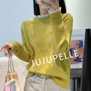[蜜熊绒绵羊毛]爱心钉珠纯色半高领秋冬新款针织衫宽松女款毛衣