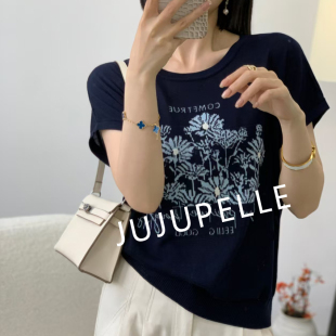 莱赛尔100小雏菊提花刺绣2025夏季新款字母针织衫薄中袖女T恤套头