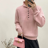 秋冬季 针织衫 女装 气质开衫 百搭宽松毛衣 新款 气质小方扣高领毛衣