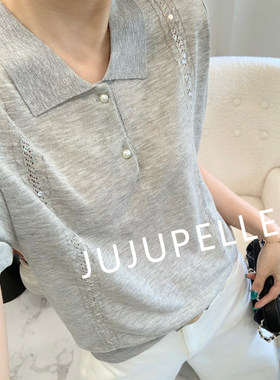 竹节麻~简约竖条亮片POLO领2026韩版百搭宽松针织打底衫中袖女款