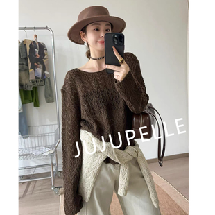 长袖 咖啡麦穗 毛衣套头女款 宽松针织衫 镂空圆领气质显白2025秋季