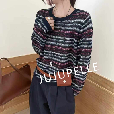 费尔岛条纹衫~复古民族风2025秋季宽松百搭针织衫毛衣套头女长袖