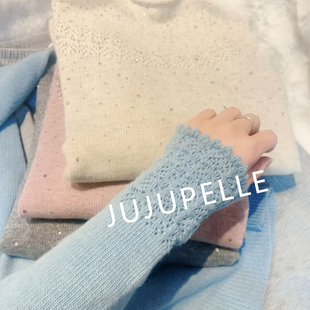 绵羊毛 女款 钩花纯色烫钻半高领2025冬季 打底衫 毛衣 针织衫 蜜熊绒