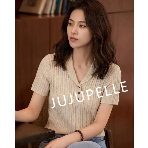 莱赛尔~纯色麻花坑条竖纹翻领2026春夏百搭针织衫短袖女套头