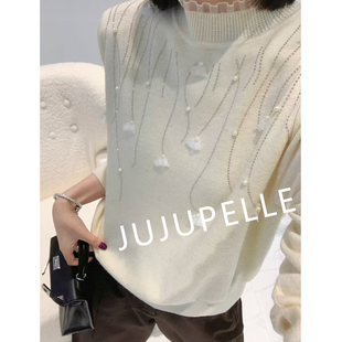 花朵重工烫钻钉珠高品质~2025秋冬新款宽松毛衣长袖针织打底衫女