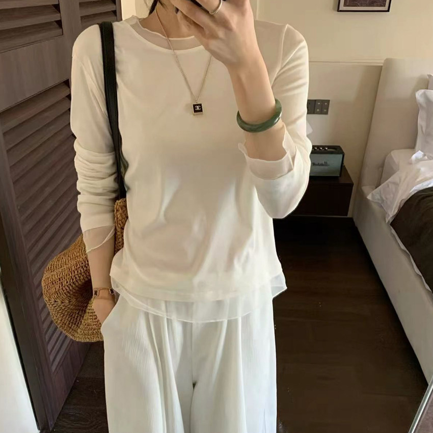 莱赛尔+醋酸~网纱气质蕾丝花边打底衫秋冬内搭上衣女款长袖圆领
