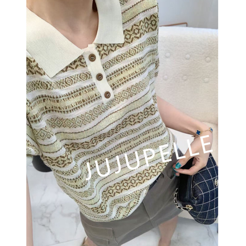 竹节麻~费尔岛提花横条纹撞色2026夏季新款针织衫女上衣中袖T恤薄 - 实物图