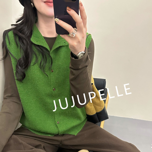 百搭宽松翻领针织衫 单排扣无袖 时尚 韩版 上衣女 纯色马甲2025年秋款