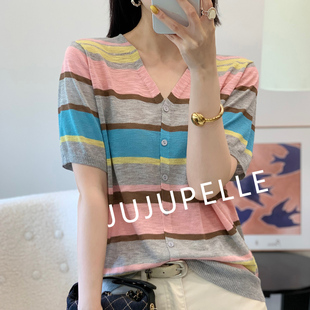 竹节麻~韩系条纹彩色撞色2026夏季新款针织衫女上衣中袖T恤套头薄