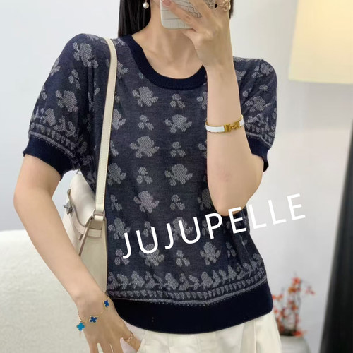 莱赛尔100复古花朵提花撞色2026夏季新款针织打底衫短袖女T恤套头