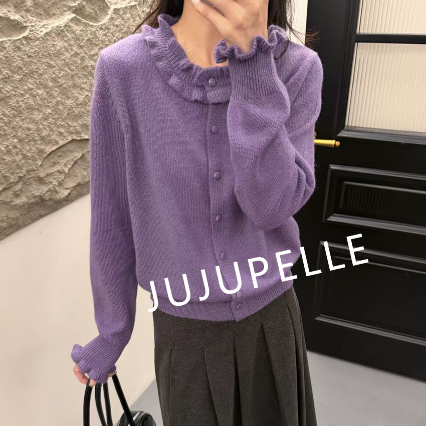 蜜熊绒+绵羊毛~纯色木耳边领花边袖2025秋冬毛衣女款长袖针织开衫