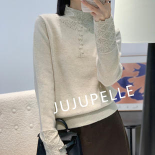 半扣领钩花细闪蜜熊绒绵羊毛高品秋冬针织打底衫洋气宽松女款毛衣