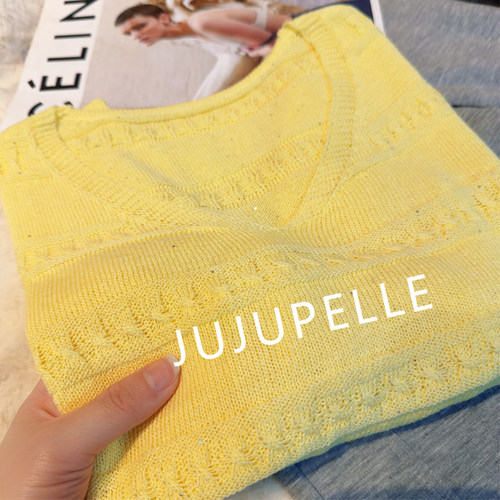 莱赛尔100~重工钩花V领纯色亮片2026春夏新款针织衫短袖女上衣薄