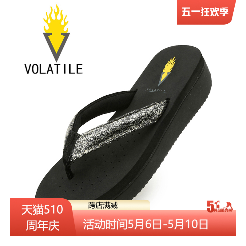 VOLATILE2018夏新品时尚舒适防滑坡跟松糕厚底沙滩人字拖女凉拖鞋