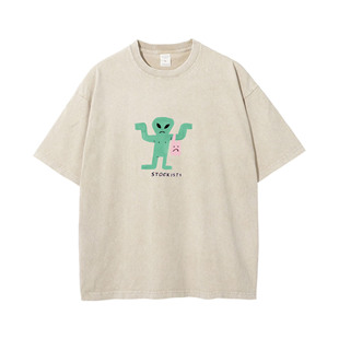 宽松大码230克纯棉购物狂外星人圆领做旧美式短袖T恤男女水洗抗皱