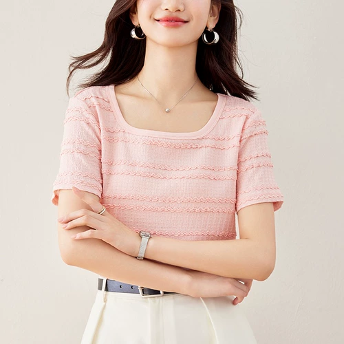 Тонкая трикотажная летняя футболка с коротким рукавом, летняя одежда, французский стиль, круглый воротник, 2025 года, по фигуре