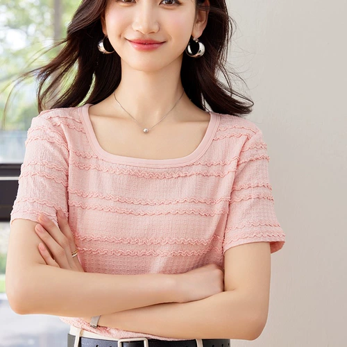 Тонкая трикотажная летняя футболка с коротким рукавом, летняя одежда, французский стиль, круглый воротник, 2025 года, по фигуре