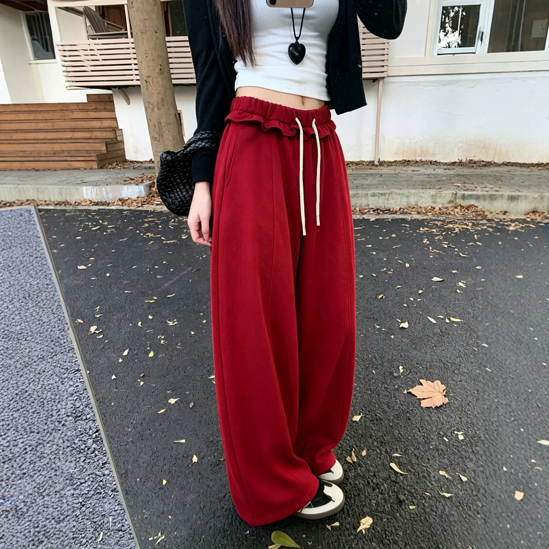 花边抽绳阔腿裤女秋季2026新休闲裤