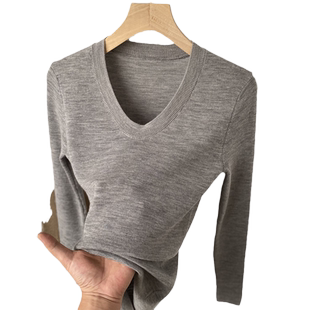 100纯羊毛美丽诺圆领针织打底衫女春秋季薄款U领长袖修身内搭毛衣
