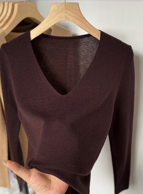 春秋冬V领长袖针织上衣100超细美丽诺纯羊毛薄款修身打底衫女内搭