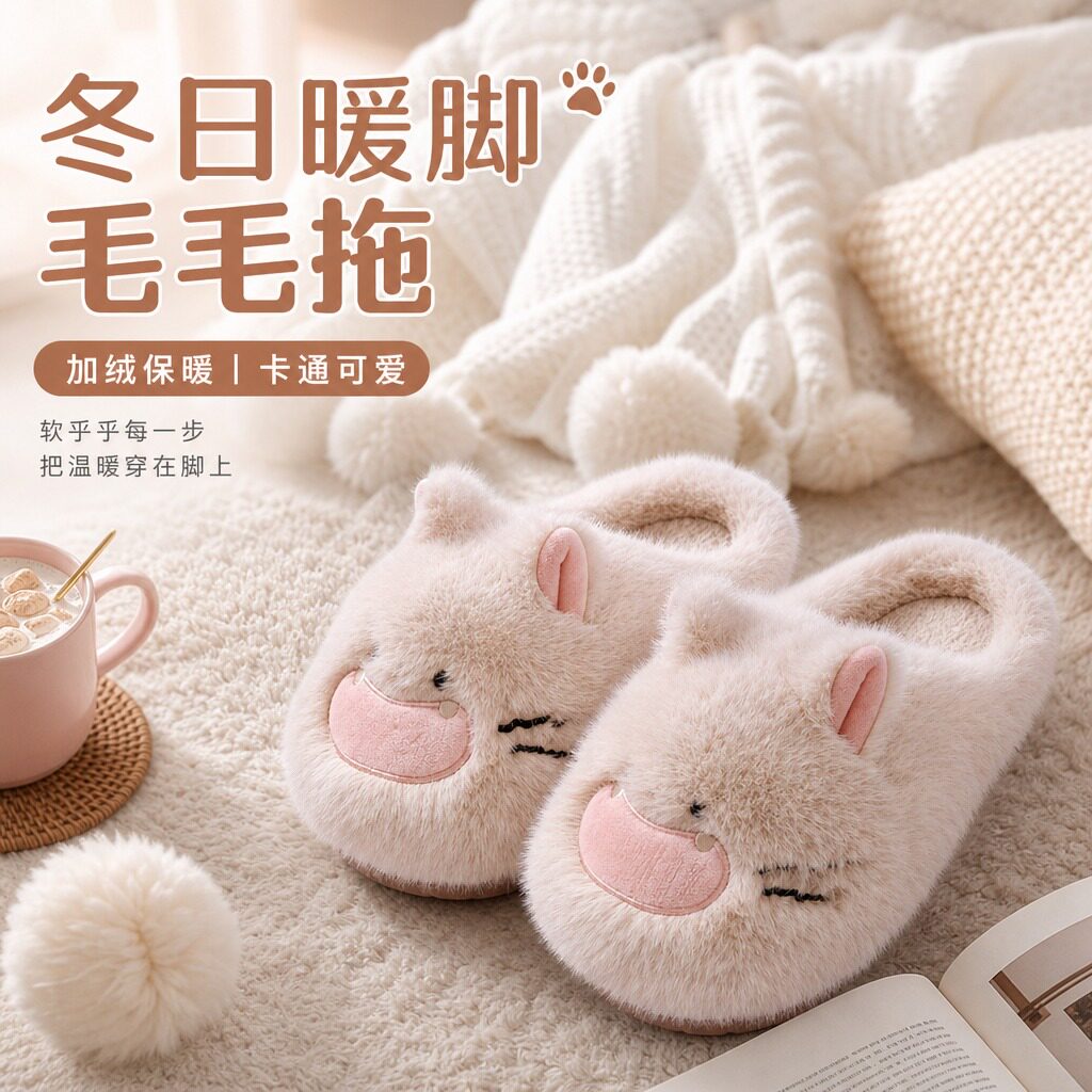 冬季可爱卡通加绒保暖防滑棉拖鞋图片